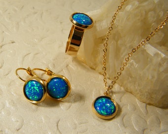 Blue opal set, Gold filled set, Dangle earrings, Opal pendant necklace, Opal gold earrings, Opal gold ring, Bridal set,  Gift for her