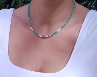 Green Agate Fresh Pearl Necklace: 18K Gold Plated 16 Inch Jewelry