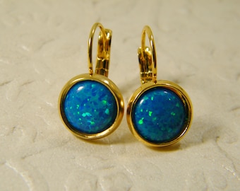 Pendientes de ópalo azul bañados en oro, pendientes colgantes de ópalo, regalo para ella, joyas de ópalo