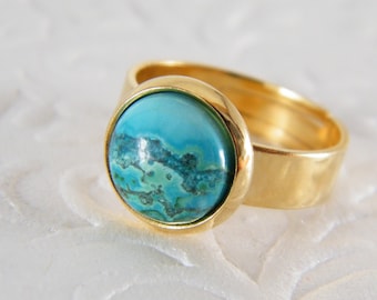 Blue gold ring, Eilat stone ring, Gold ring, cocktail ring, Turquoise ring, Israel stone ring, Birthstone adjustable ring, Gift for her