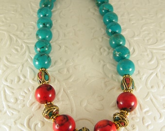 Turquoise coral necklace, Red blue necklace, Beaded necklace, Tibetan necklace, Statement necklace, coral jewelry, Blue red stone necklace