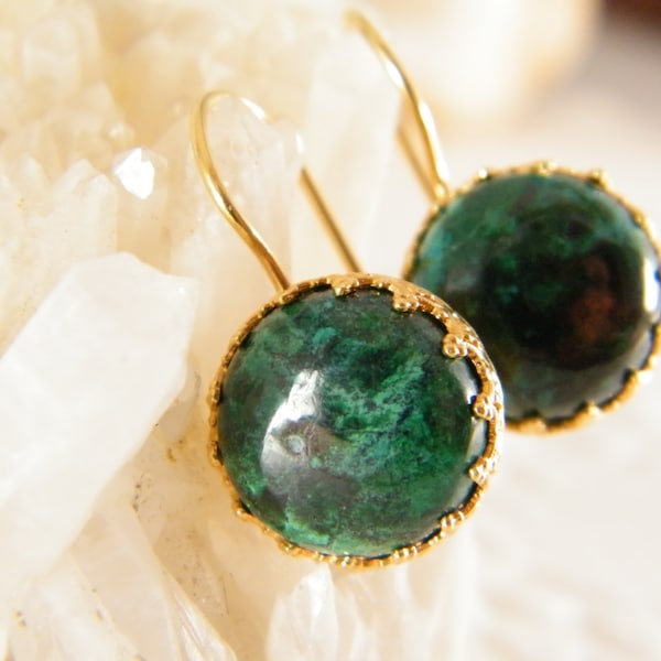 Eilat green stone gold filled earrings, Sterling silver dangle earrings