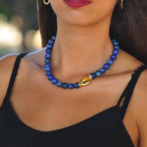 Lapis lazuly gem stone beads necklace, Gold blue Statement necklace