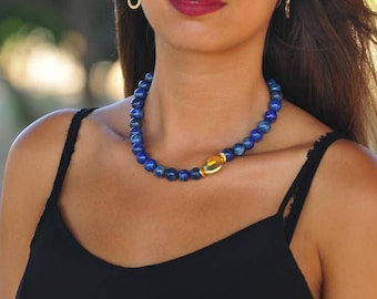 Lapis lazuly gem stone beads necklace, Gold blue Statement necklace