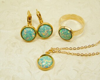 Green opal gold filled set, Opal necklace, Green gold ring, gold earrings