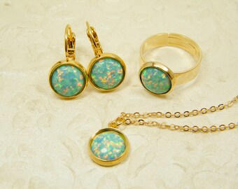 Ensemble rempli d’or opale vert, collier Opal, bague en or vert, boucles d’oreilles en or