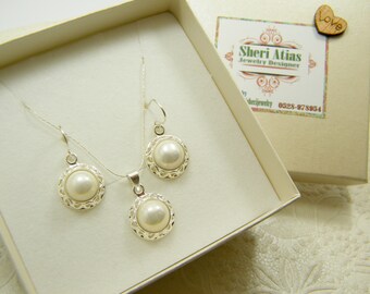 Perles argent ensemble bijoux de mariage nuptiale, boucles d’oreilles et ensemble de collier