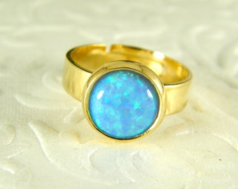 Anillo de oro ópalo azul, anillo de cóctel, ópalo rosa, ópalo blanco