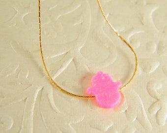 HAMSA ketting roze opaal HAMSA, gouden gevulde ketting, kleine HAMSA hanger, Fatima hand sieraden, boze oog ketting, Israël sieraden.
