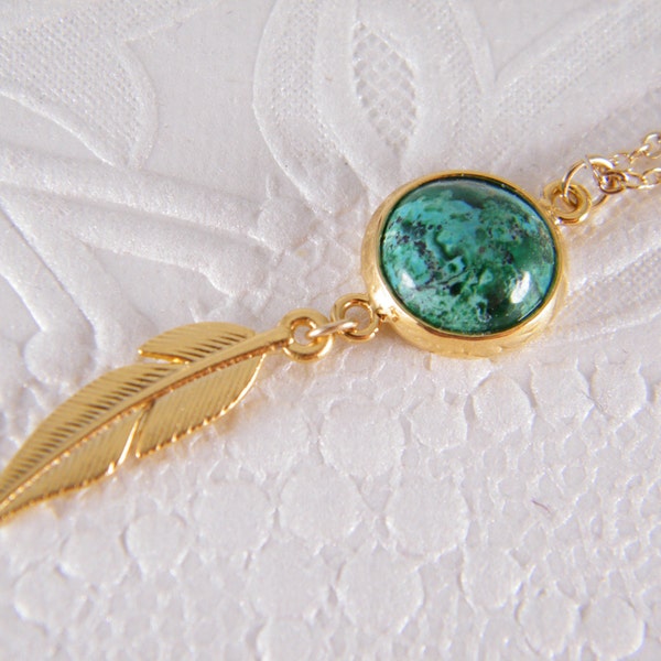 Collier en or bleu, pendentif en pierre d'Eilat, collier turquoise, collier de plumes, pierre d'Israël, bijoux turquoise, collier tribal unisexe,