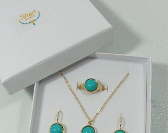 Turquoise gold set, Blue stone ring, Turquoise dangle earrings, Blue gold pendant, Gold filled necklace