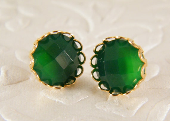 Green agate earrings Gold stud earrings Emerald color | Etsy