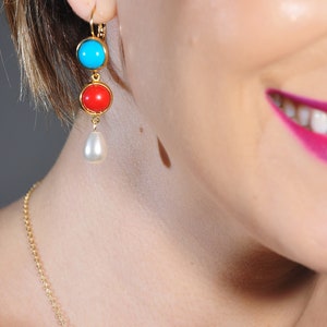 Red coral blue turquoise pearls gold filled long earrings