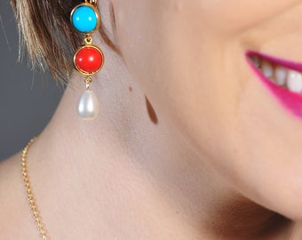 Red coral blue turquoise pearls gold filled long earrings