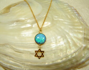 Star of David, Megan David necklace, Blue opal pendant, Gold star of David, jewelry, Opal jewelry, Unisex necklace, Gold filled necklace