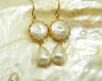 Gold pearls bridal dangle earrings