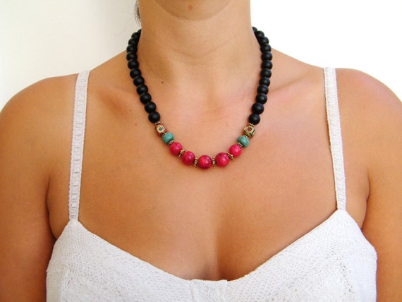 Turquoise coral necklace, Onyx necklace, Tibetan beads necklace, Gem stone necklace, Tribal necklace, Black blue red gem stone jewelry