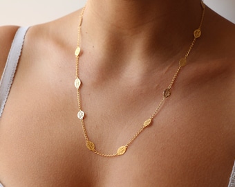 Collana in foglia oro, catena placcata oro 18 k, Regalo da donna