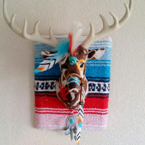 Lone Ranger Southwest Faux Taxidermy Deer Head Wall Mount with Serape Blanket