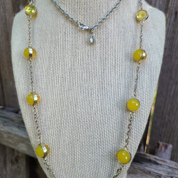 J. Crew Yellow Goldtone lucite beads Long Chain Link Necklace