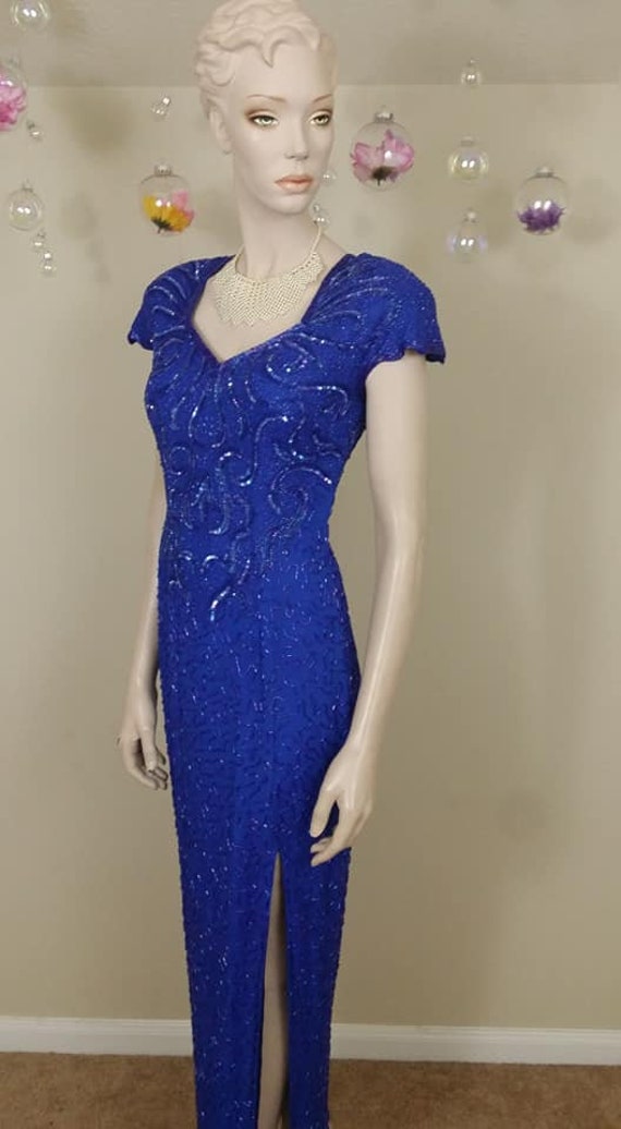 vintage blue sequins and beads gown dress size s - image 2