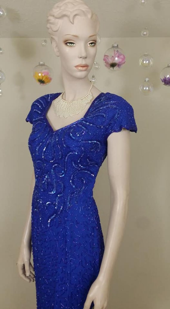 vintage blue sequins and beads gown dress size s - image 5