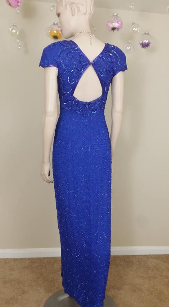 vintage blue sequins and beads gown dress size s - image 9