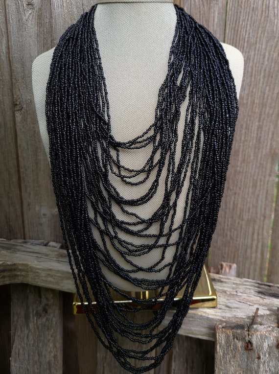 vintage Bib multistrands black necklace small gla… - image 2