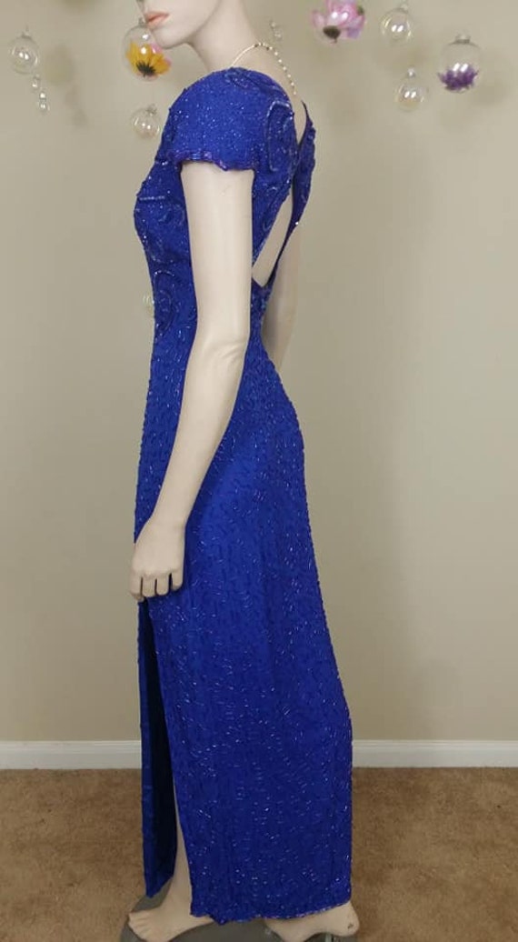 vintage blue sequins and beads gown dress size s - image 8