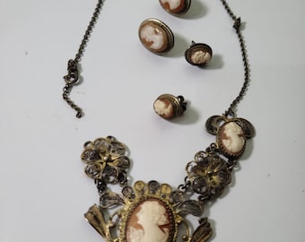 Vintage Carved Cameo Jewelry Lot Of 2 pair Earrings, BROKEN Necklace