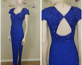 vintage blue sequins and beads gown dress size s