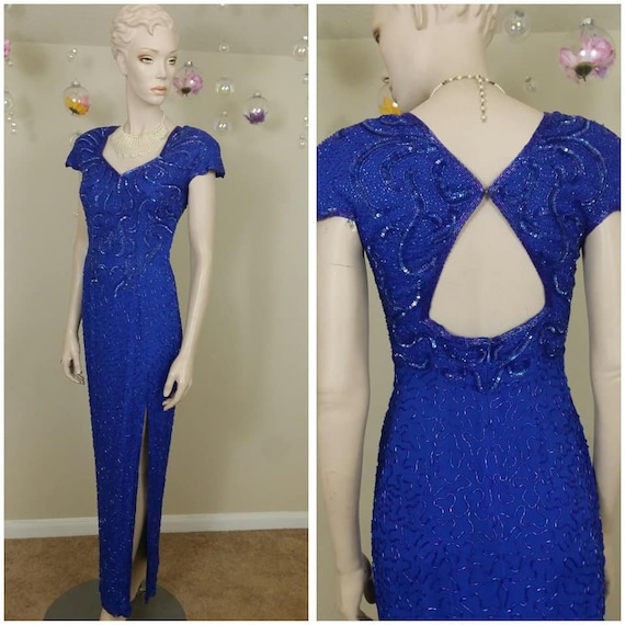 vintage blue sequins and beads gown dress size s - image 1