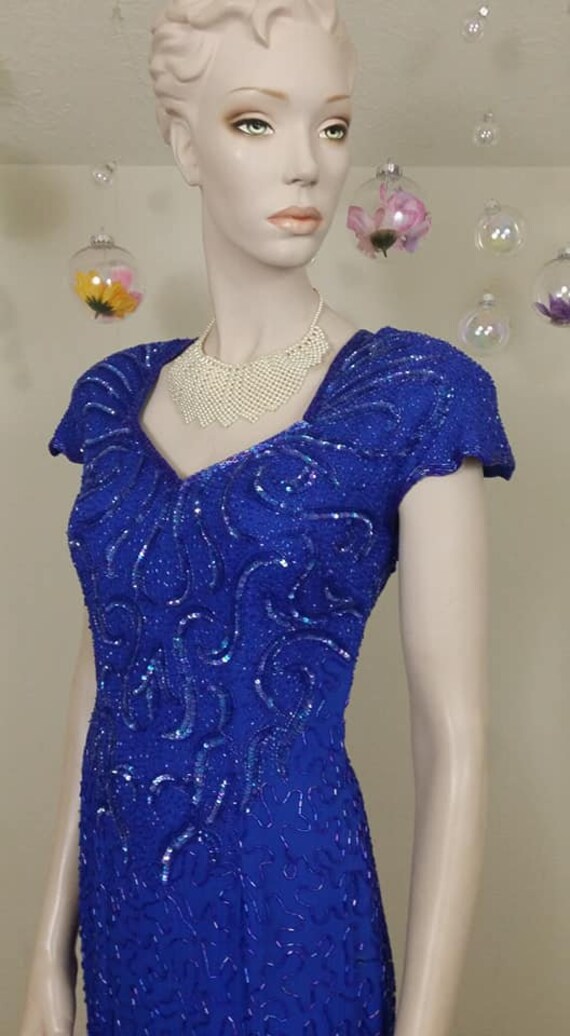 vintage blue sequins and beads gown dress size s - image 3