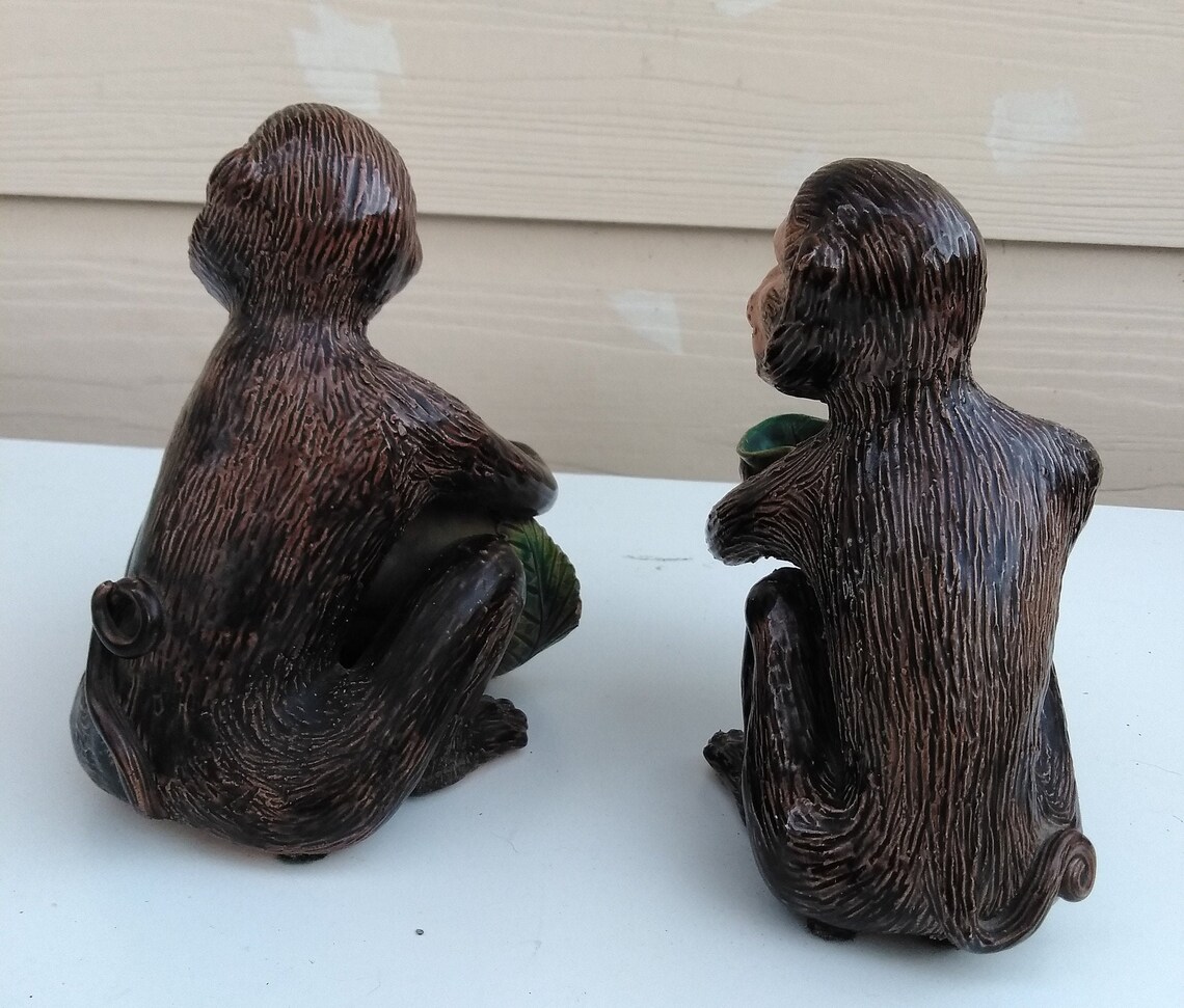 Vintage Set Majolica Monkey Figurines Holding Fruit Etsy