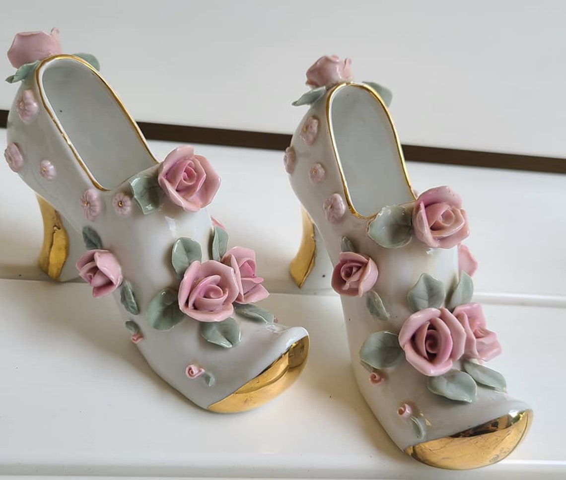 Vintage Set of Porcelain Decorative Shoes With Flowers & Gold Etsy