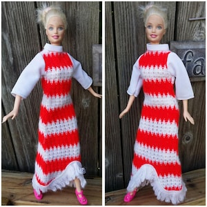 Vintage 70s Barbie handmade crochet red and white long dress