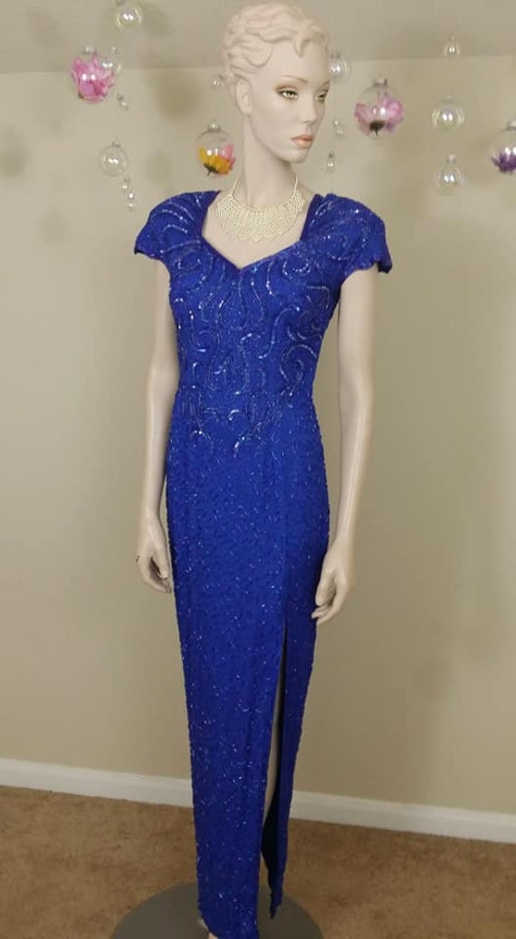 vintage blue sequins and beads gown dress size s - image 4