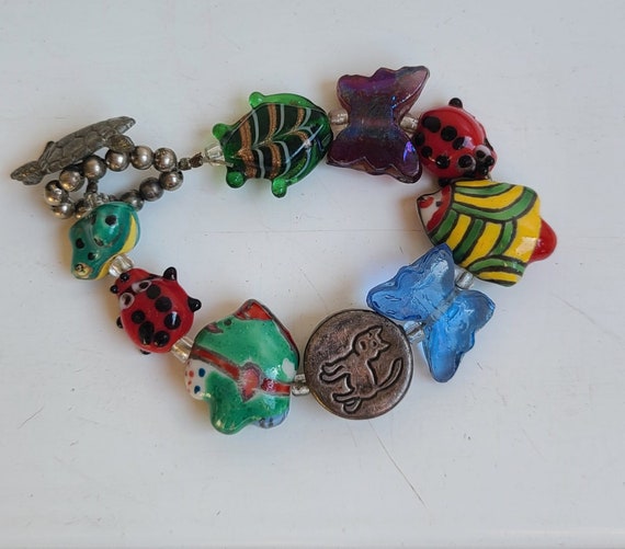 Vintage glass beads & sterling silver cat bead br… - image 1
