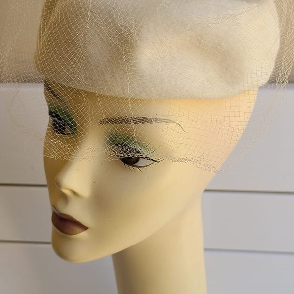 vintage 50s wool and rhinestones pillbox hat with veil, made in Italy