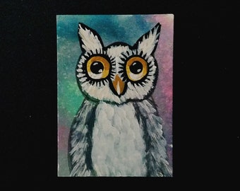 SALE Owl Mini painting "Give a Hoot  "Who Me?" Limited Edition Series card 1 of 5   Free Shipping ATC Folk art 2.5 x 3.5 ACEO original
