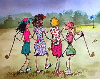 Golfing Women Art Print: Colorful Foursome Gift (7.5x5.25)