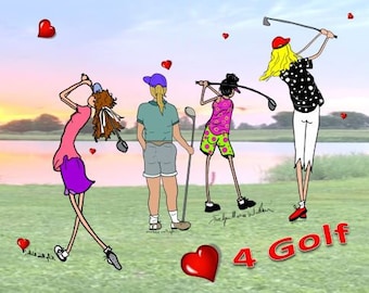 Golf Note Cards: Women Golfers Art Print, Set of 4 gift women who golf ladies gift golf print women golf friend gift girlfriends foursome