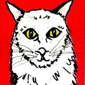White Cat ACEO Painting: Original Miniature Art, Folk Art (2.5 x 3.5)