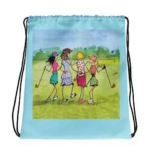 May include: A light blue drawstring bag with a colorful illustration of four women playing golf. The women are wearing colorful clothing and hats, and they are holding golf clubs. The background is a green golf course with a blue sky.