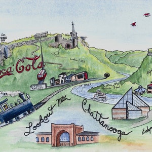 May include: A watercolor illustration of a map of Chattanooga, Tennessee. The map features landmarks like Lookout Mountain, the Tennessee River, and the Incline Railway. The text "Coca-Cola" is prominently displayed on the map.