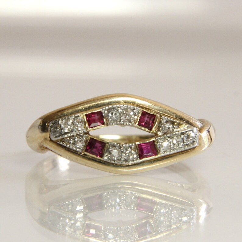 Art Deco Wedding Band Natural Rubies Old Mine Cut Diamonds 14k | Etsy