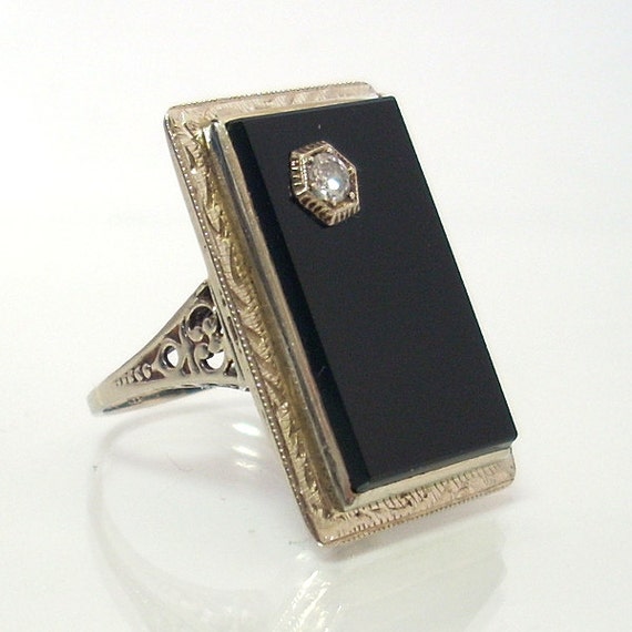 Art Deco Black Onyx Ring With Diamond 14k White Gold Filigree Etsy