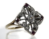 Antique Edwardian Engagement Ring Old European Cut Diamonds Lab Created Rubies Size 6 1/2
