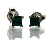 Natural Emerald Earrings Vintage 14K White Gold Square Cut
