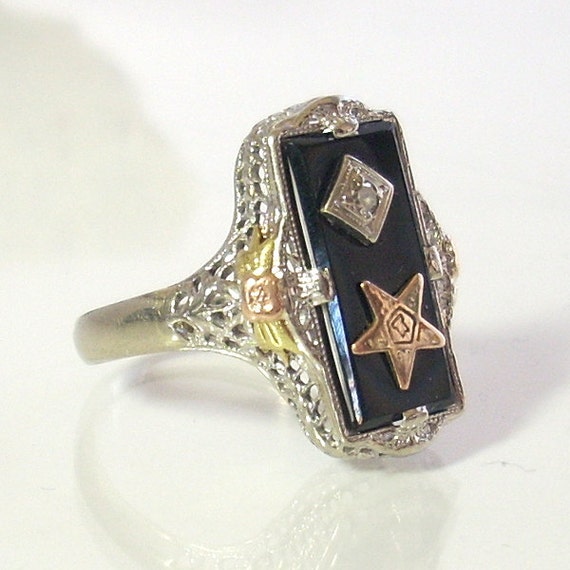 Vintage Art Deco Black Onyx Filigree Ring With Diamond 14k Etsy
